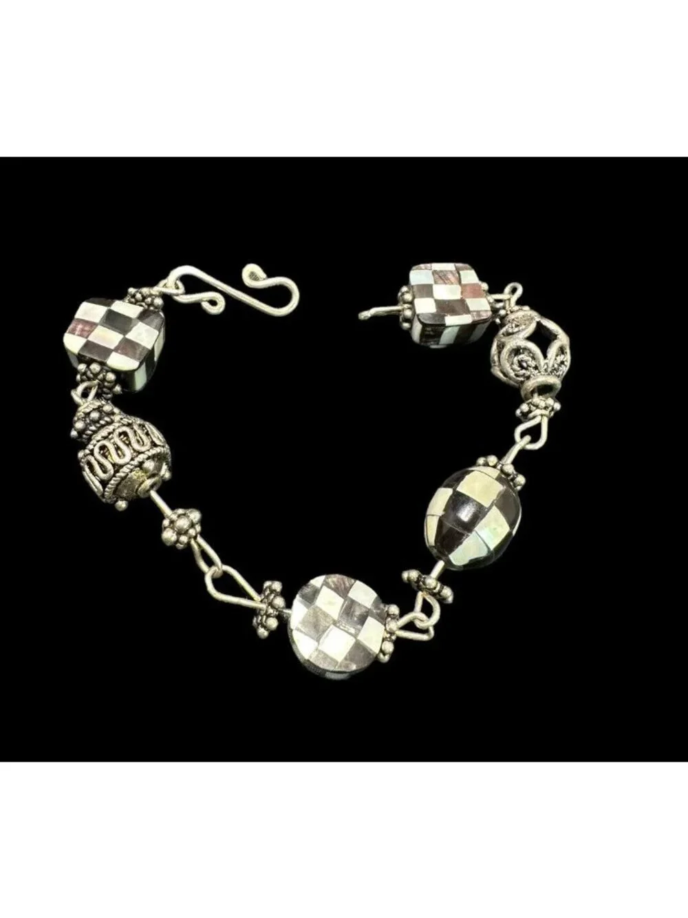 Bracelet Vintage Sterling Silver Geometric Multi Gemstone Inlay Panel Link